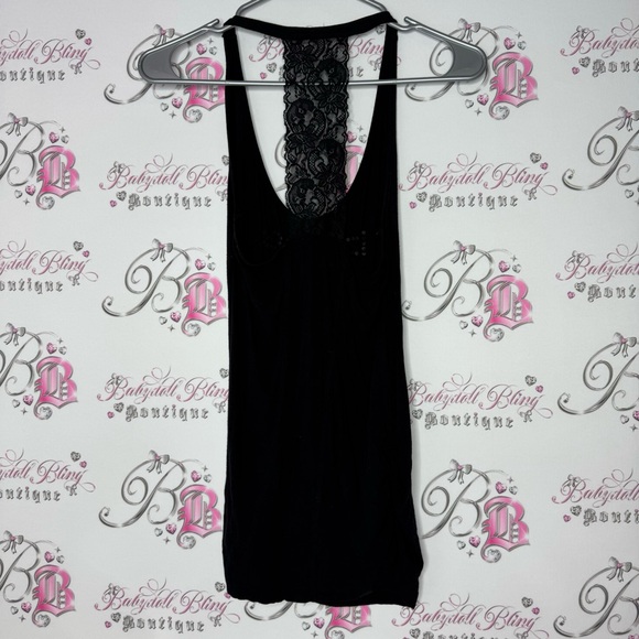 Bebe tank top lace racer back black cinched sides bling Swarovski crystal logo - Picture 4 of 7